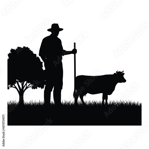 Silhouette farmer with cow and tree standing in grassy field represents rural lifestyle and agriculture silhouette