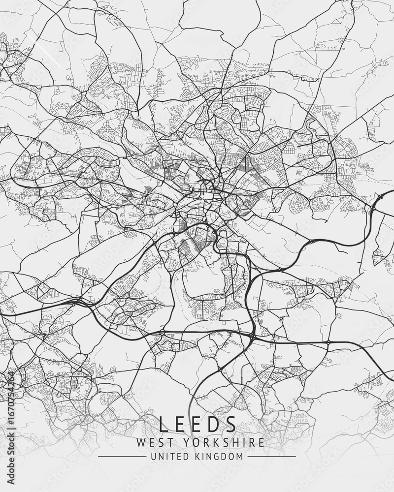 Fototapeta premium Leeds - West Yorkshire UK Gray City Map