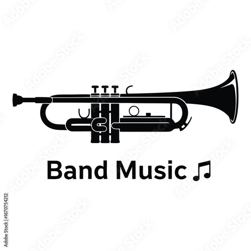 Classic trumpet with band music text and musical note symbol for orchestral performances silhouette