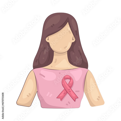 Illustration of long haired woman with breast cancer ribbon