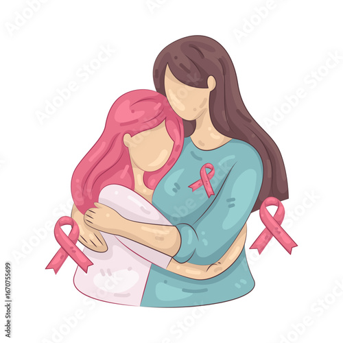 Illustration of Mother and daughter hugging with breast cancer ribbon