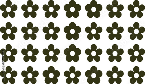 Seamless black floral pattern with five-petal flowers arranged in rows on a white background