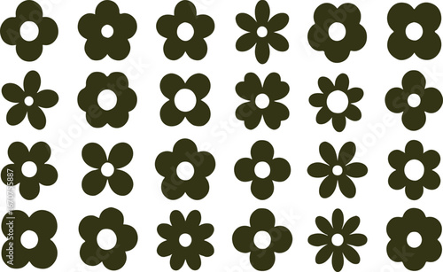 Seamless black floral pattern with five-petal flowers arranged in rows on a white background