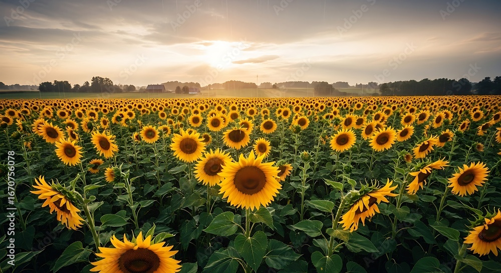 Obraz premium Vast Sunflower Field at Sunrise.