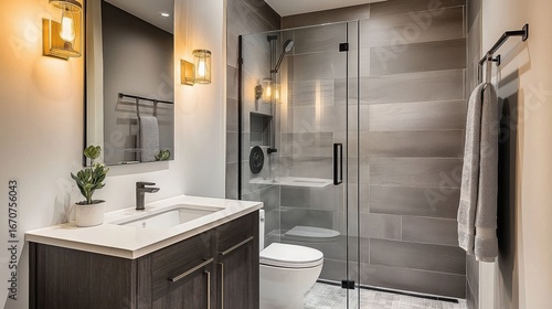 Modern small bathroom with gray tiles, white walls, dark wood storage, and open steam room glass door under soft ceiling lighting.
