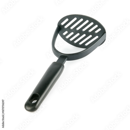 Black plastic potato masher isolated on white.