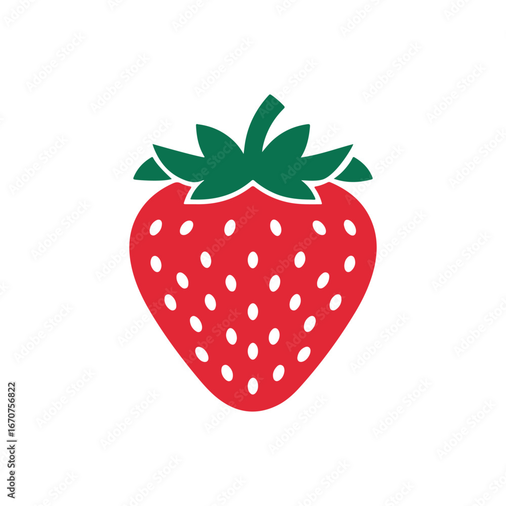 Obraz premium Strawberry Fruit Icon – Simple Red Berry Vector Illustration with Green Leaves for Logo, Sticker, and Food Design