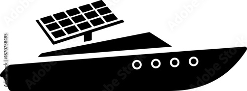 Solar-powered yacht silhouette with solar panels on roof  