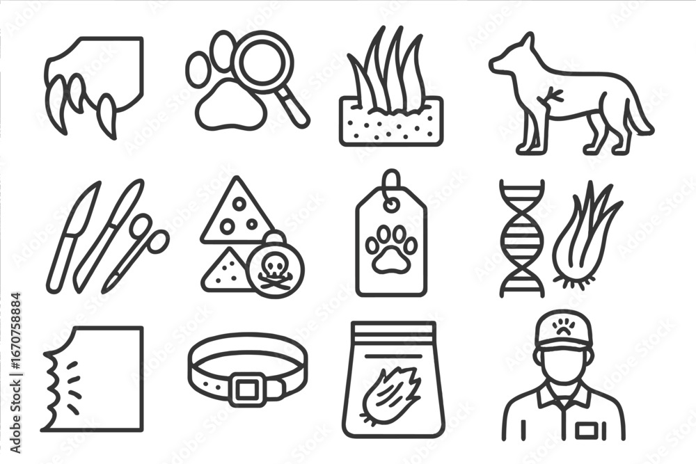 Fototapeta premium Animal Forensics Icons. Line style icons of animal forensic cases: wildlife tooth mark, paw print analysis, fur sample, animal
