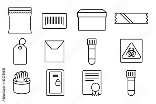 Forensic Evidence Icons. Line style icons of forensic evidence packaging: sealed bag, barcode label, evidence box, tamper-proof