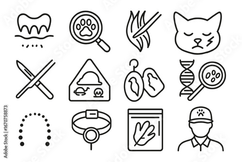 Animal Forensics Icons. Line style icons of animal forensic cases: wildlife tooth mark, paw print analysis, fur sample, animal