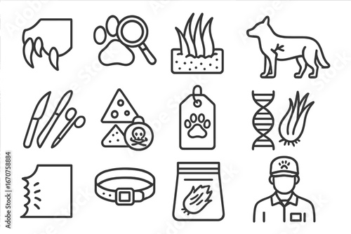 Animal Forensics Icons. Line style icons of animal forensic cases: wildlife tooth mark, paw print analysis, fur sample, animal