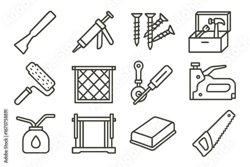 Beekeeping Tools Icons. Line style icons of beekeeping maintenance gear: hive scraper, joint sealant, wood screws, box repair kit,