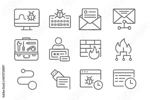 Cyber Forensics Icons. Line style icons of cyber forensics tools: hacking trace, keylogger icon, email header, packet sniffing