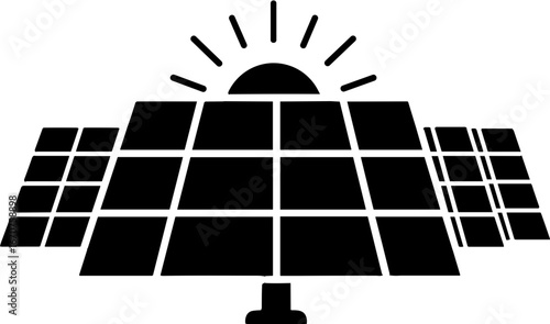 Solar panel icon with sun illustration in black and white design  