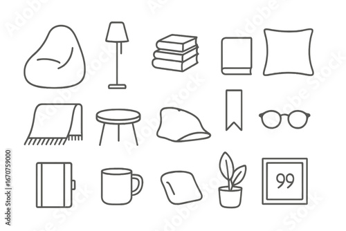 Minimalist Reading Nook Icons. Line style icons of minimalist reading nook: beanbag chair, floor lamp, book stack, single cushion,