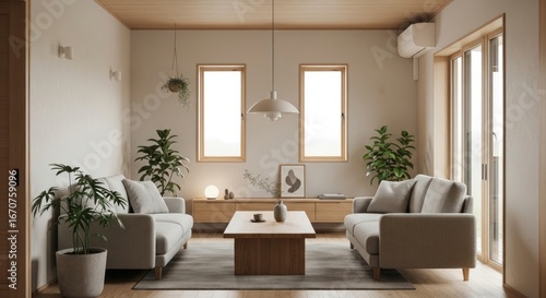 A serene living room featuring a light gray couch, wooden accents, and abundant greenery, bathed in a soft, natural light.