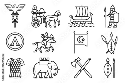 Ancient Empires in Iconography. Line style icons of ancient empires at war: Roman eagle standard, Persian chariot, Egyptian