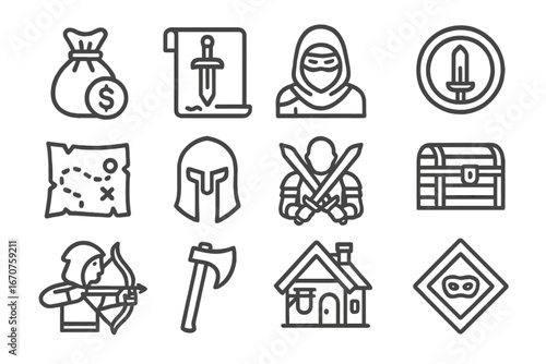 Mercenary Line Icons. Line style icons of mercenaries and hired swords: coin pouch, sword contract scroll, masked fighter,