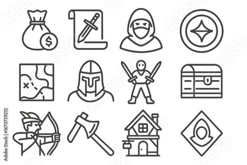 Mercenary Line Icons. Line style icons of mercenaries and hired swords: coin pouch, sword contract scroll, masked fighter,