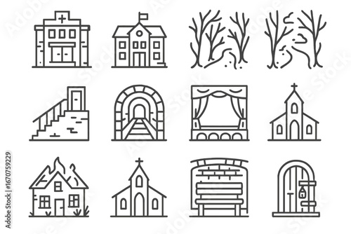 Haunted Places Icons. Line style icons of haunted locations: abandoned hospital, closed-down school, foggy forest path, rooftop