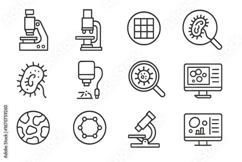 Microbiology Imaging Icons. Line style icons of advanced imaging in microbiology: scanning electron microscope, transmission