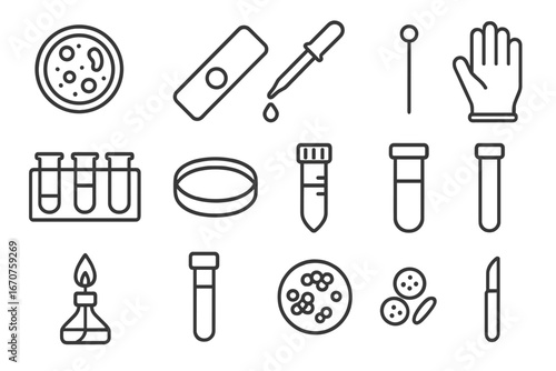 Microbiology Lab Icons. Line style icons of microbiology lab tools: petri dish with bacteria, microscope slide, pipette icon,