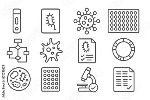 Microbial Diagnostic Icons. Line style icons of microbial diagnostics: rapid test strip, bacterial ID card, viral marker icon,