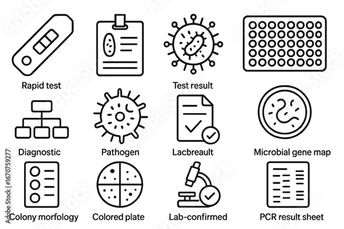 Microbial Diagnostic Icons. Line style icons of microbial diagnostics: rapid test strip, bacterial ID card, viral marker icon,