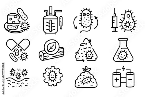 Microbial Applications Icons. Line style icons of microbial applications: food fermentation icon, industrial bioreactor, waste