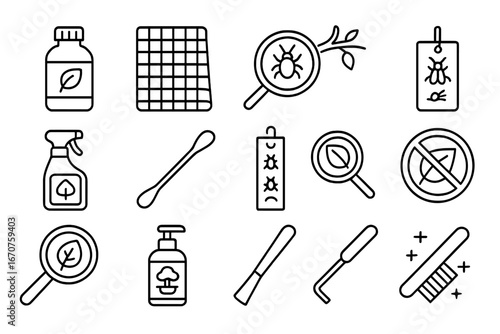 Bonsai Pest Control Icons. Line style icons of bonsai pest control: neem oil bottle, insect netting sheet, aphid magnifier,