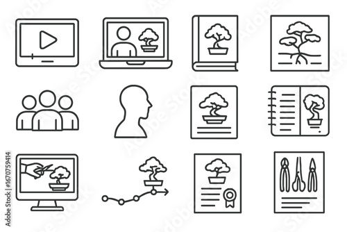 Bonsai Learning Icons. Line style icons of bonsai education and learning: bonsai training video, online bonsai workshop, book on