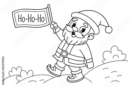 black and white drawing of a cheerful Santa Claus. He is holding a flag that reads "Ho-ho-ho." Santa is wearing his iconic hat, beard, and suit.