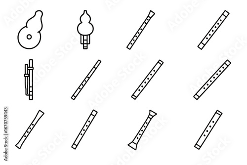 Rare Wind Instruments Icons. Line style icons of wind-based rare instruments: xun, hulusi, fujara, duduk, launeddas, ney flute,