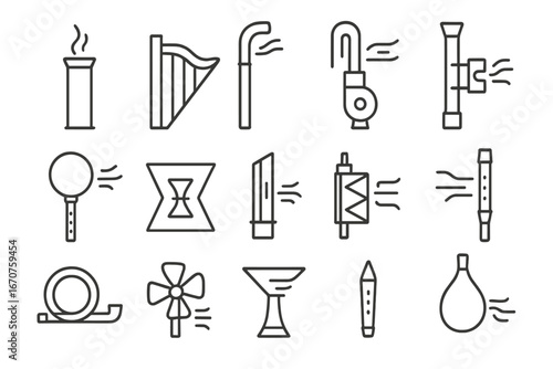 Experimental Air Instruments Icons. Line style icons of air-based experimental instruments: singing tube, wind harp, vortex flute,