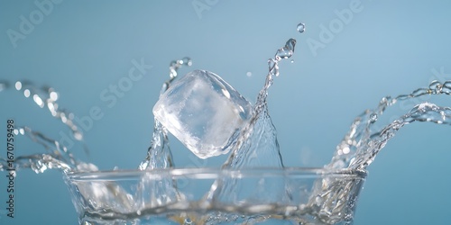 Ice Cube Splashing in Water Glass, Refreshing Drink Concept