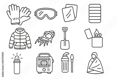 Cold Weather Survival Icons. Line style icons of cold weather survival gear: insulated gloves, snow goggles, hand warmers, thermal
