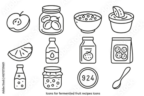Fermented Fruit Icons. Line style icons of fermented fruit recipes: sliced apple, fermented plum jar, berry compote bowl, banana
