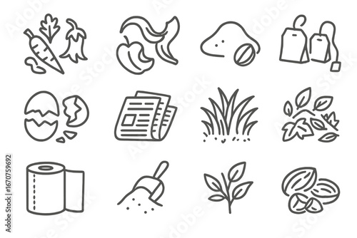 Compostable Icons. Line style icons of compostable materials: vegetable scraps, fruit peels, coffee grounds, tea bags, crushed