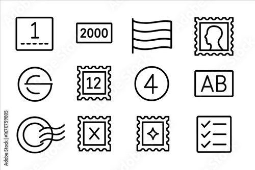 Stamp Icon Collection. Line style icons of stamp identification: catalog reference number, issue year label, origin country flag,