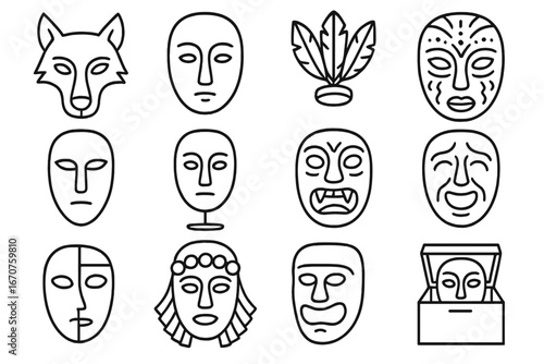 Ceremonial Mask Icons. Line style icons of ceremonial masks: animal spirit mask, wooden mask base, feather decoration, painted