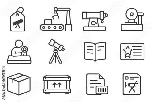 Telescope Manufacturing Icons. Line style icons of telescope manufacturers: telescope brand logo tag, production line equipment,
