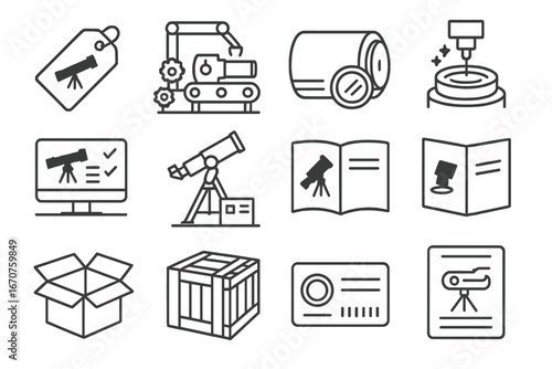 Telescope Manufacturing Icons. Line style icons of telescope manufacturers: telescope brand logo tag, production line equipment,
