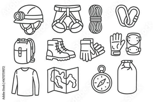 Cave Exploration Essentials. Line style icons of cave exploration gear: headlamp helmet, climbing harness, rope coil, carabiner