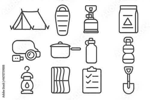 Cave Expedition Essentials. Line style icons of cave expedition camp gear: expedition tent, thermal sleeping bag, portable stove,