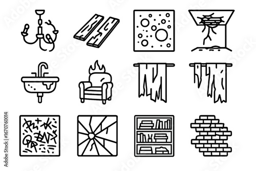 Decayed Interior Icons. Line style icons of decayed interiors: broken chandelier, rotting wood floor, mold wall icon, collapsed