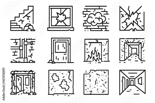 Abandoned Building Icons. Line style icons of abandoned buildings: crumbling staircase, broken window, graffiti wall, exposed