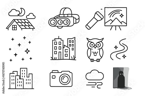 Nocturnal Urbex Icons. Line style icons of nocturnal urbex elements: moonlit rooftop, night vision goggles, flashlight reflection,