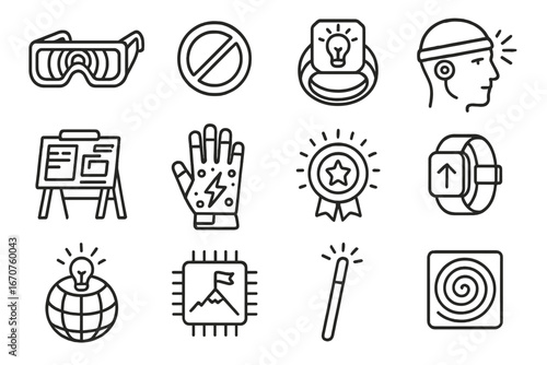 Futuristic Productivity Icons. Line style icons of futuristic productivity tools: focus tunnel glasses, distraction blocker disc,