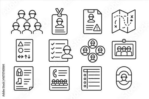 Cave Team Coordination Icons. Line style icons of cave team coordination: team formation chart, caver ID badge, safety briefing